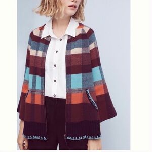 ✅ANTHROPOLOGIE HWR MONOGRAM WOOL-BLEND BUFFALO PLAID SWING CARDIGAN SWEATER sz S